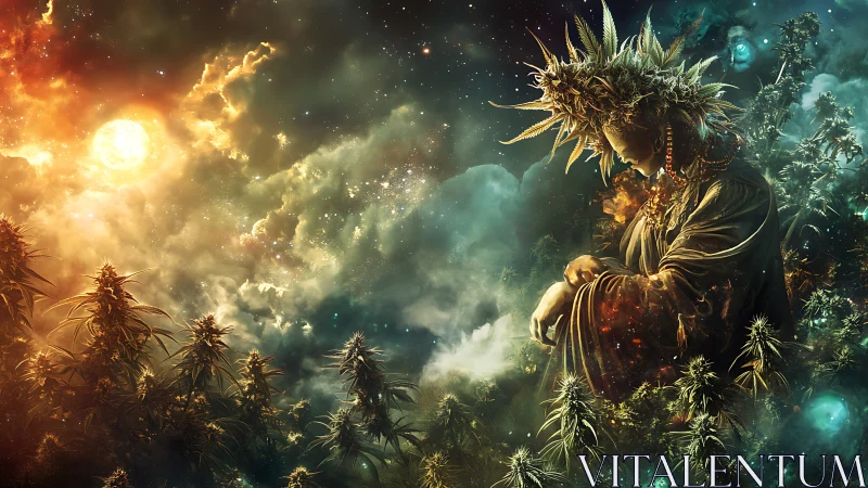 Gilded nature deity contemplates cosmic sunrise above fields