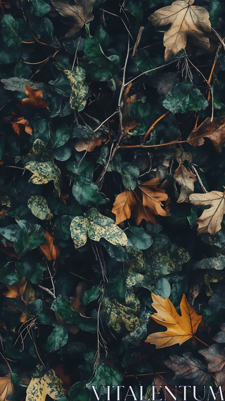 Autumn leaves overlay rich ivy ground with deep contrast.