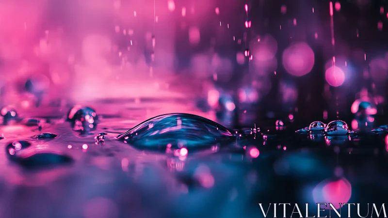 Neon macro droplet surface in shallow depth-of-field study.