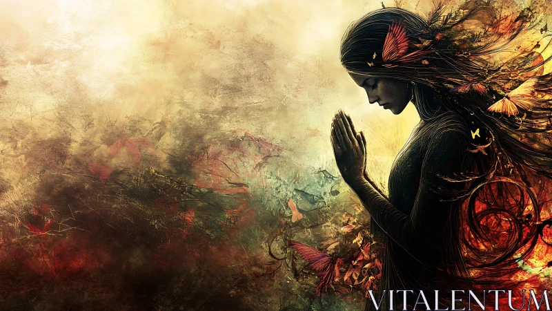 Praying woman amid swirling butterflies and firelit aura.