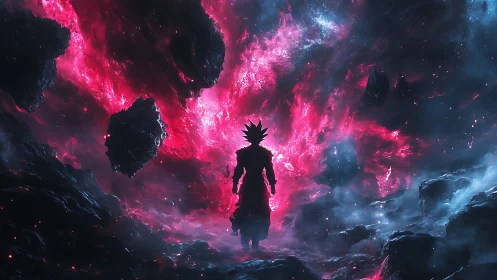 Cosmic warrior silhouette amid pink nebula stormscape.