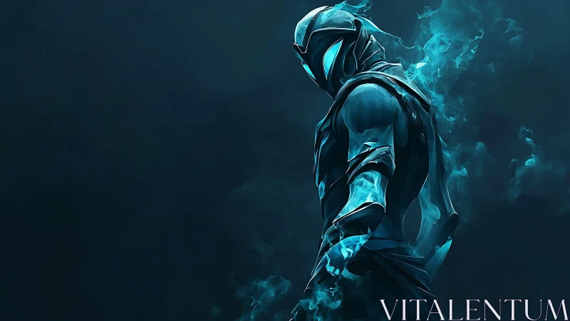 Midnight ember warrior wrapped in ghost-blue firestorm.