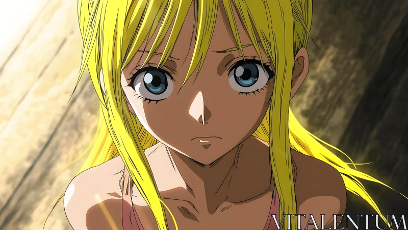 Wide eyed resolve in sunlight, blonde anime heroine.