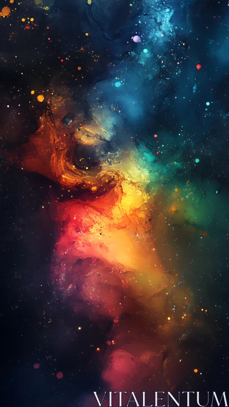 Cosmic nebula glows in swirling rainbow-hued stardust.