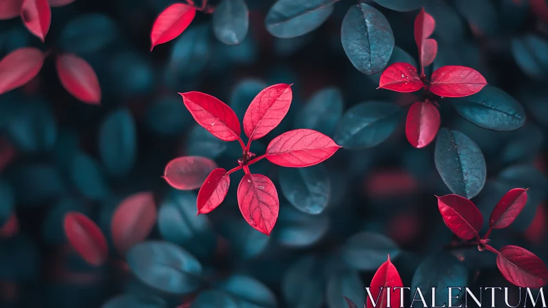 Gentle red leaves glowing softly against deep teal foliage.