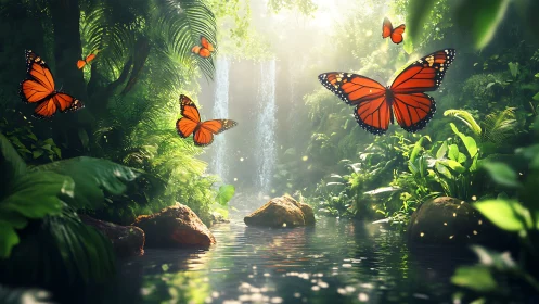 Orange butterflies over jungle waterfall pool at sunrise.