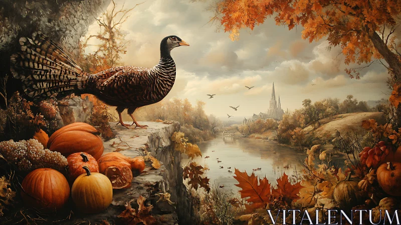 Autumn grouse overlooks river valley with distant cathedral