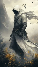 Hooded wanderer strides through misty cliffs with steel drawn.