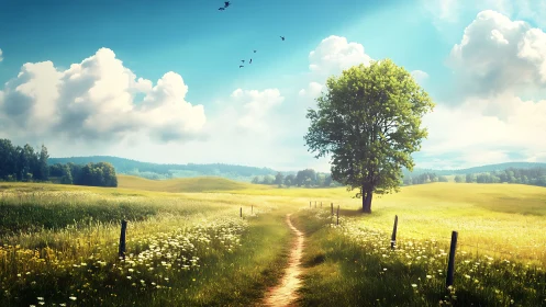 Country dirt path curves through sunlit wildflower meadow.