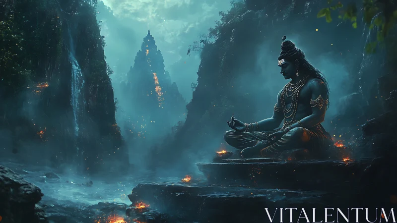 Digital painting of meditative deity in misted mountain shrine.