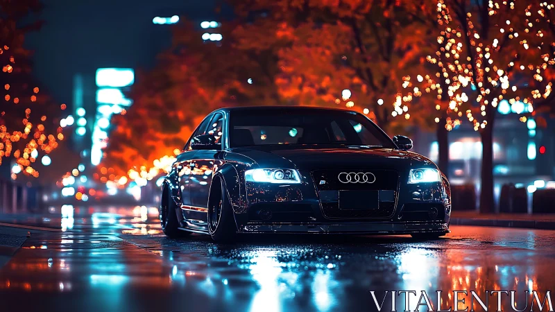 Midnight Audi sedan on neon-lit wet urban boulevard.