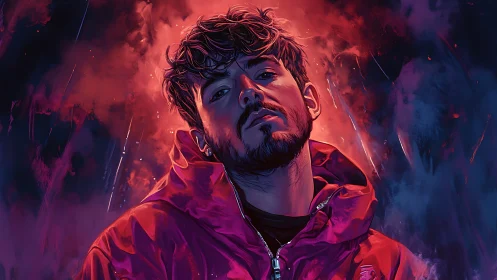 Moody digital portrait shows man in vibrant red jacket