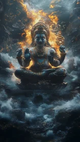 Divine blue deity floating between stormfire and ocean calm.