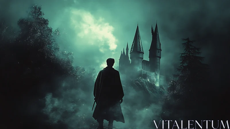 Cloaked figure approaches mist-shrouded gothic hilltop castle.
