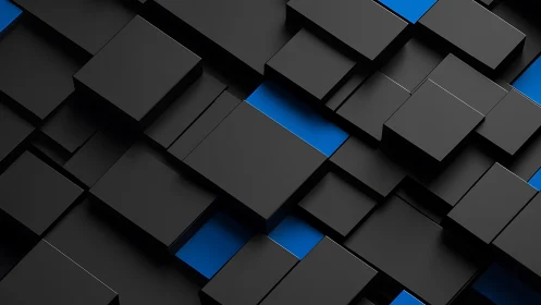 Layered black and blue cubes forming a bold modern pattern.
