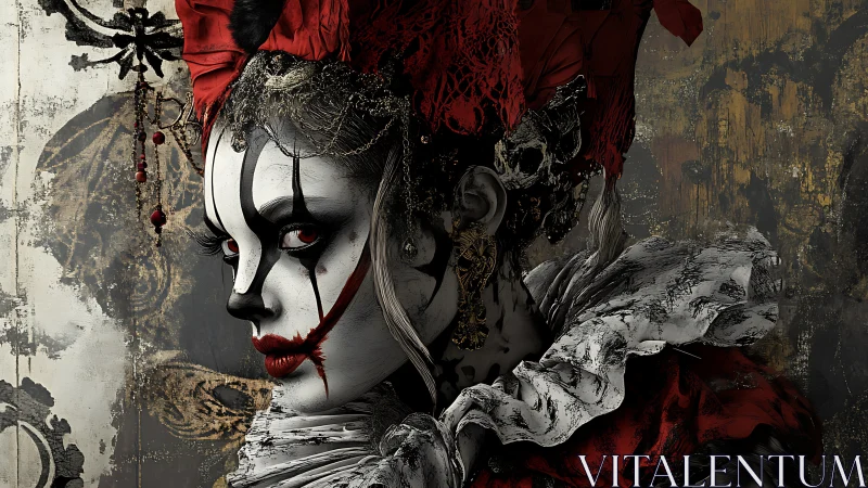 Baroque clown queen in cracked monochrome makeup profile.