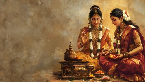 Two women in traditional Indian attire performing ritual, digital art.