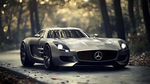 Silver Mercedes sports car parked on wet forest road.