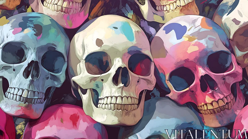 Colorful painted skulls share a bold, lively celebration of form