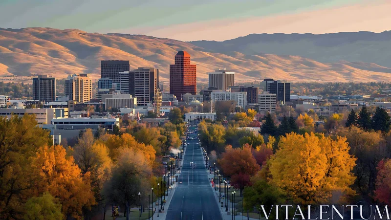 Urban skyline with autumn trees and layered mountain backdrop.