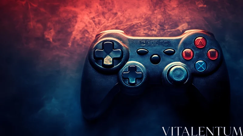 Gaming controller rendered against abstract colored smoke background.