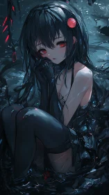 Dark anime girl curls in crystalline shadows, eyes softly glowing