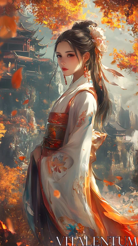 Autumn temple muse wrapped in drifting ember silk dreams.