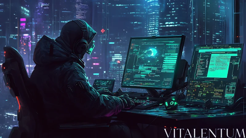Hooded computer operator monitors data on multiple neon screens