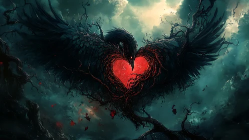 Dark raven heart unfolding in stormy teal twilight sky.