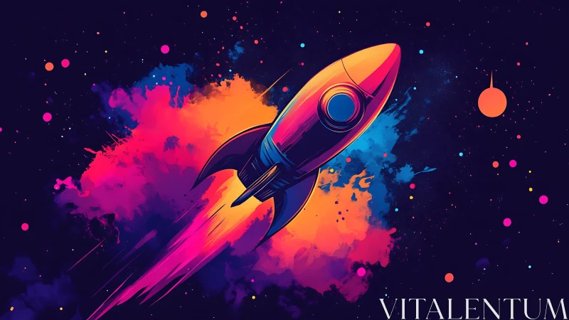 Vibrant neon rocket streaks through a colorful cosmic cloud.