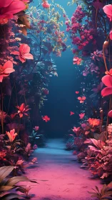 Luminous floral tunnel with neon pink botanicals at dusk.