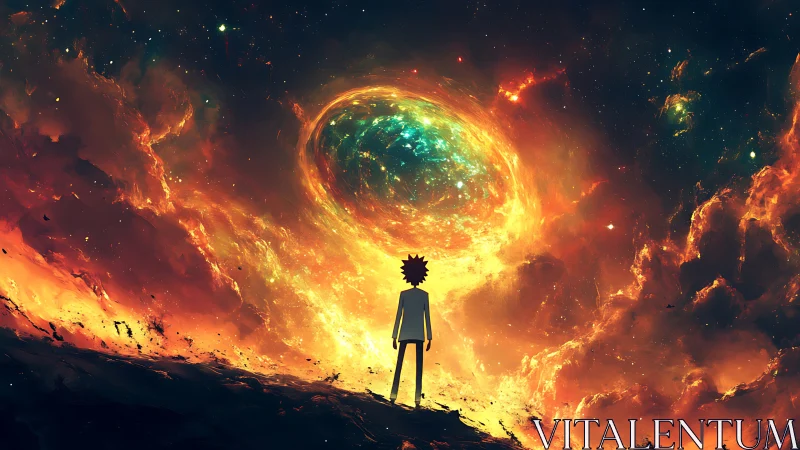 Silhouette observing luminous cosmic vortex in deep space.