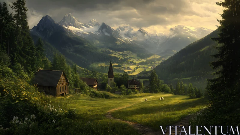 Mountain valley village lies below snow-covered alpine peaks