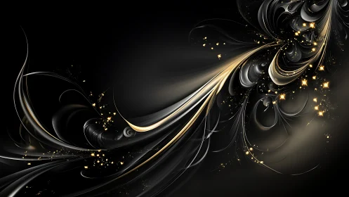 Abstract black and gold flowing fractal light trails.
