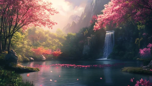 Dreamy pink waterfall grove in a tranquil fantasy valley.
