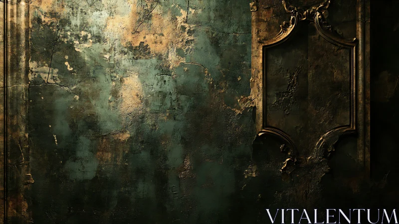 Aged teal wall with ornate frame evokes fading baroque grandeur