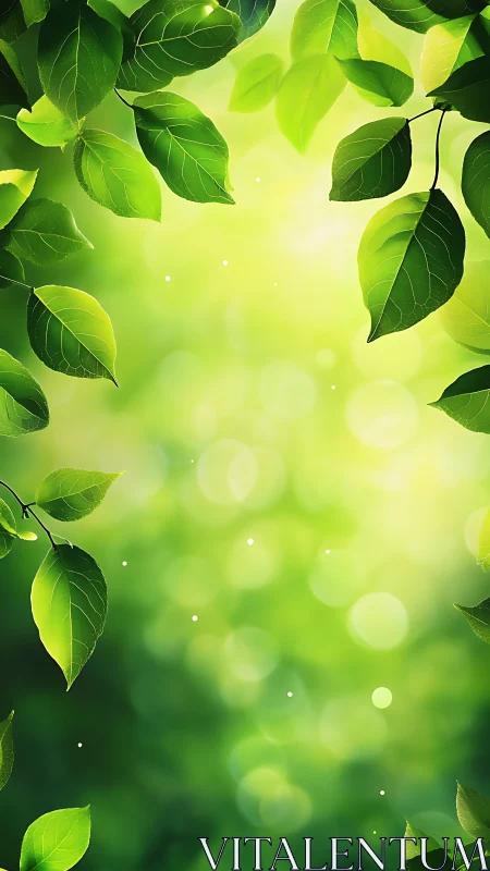 Green leaves framing soft bokeh forest background.