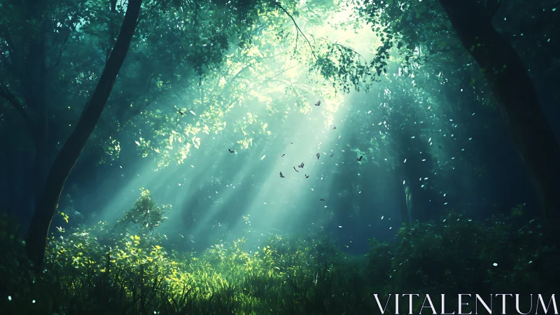 Forest canopy with directional light rays penetrating dense foliage.