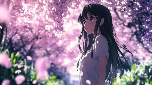 Anime girl stands beneath dreamy cherry blossom canopy