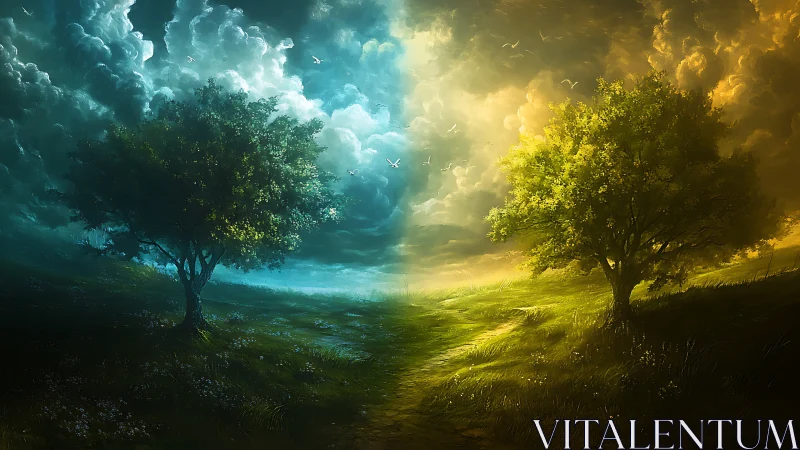 Twin horizon trees divide stormlit night and glowing day.