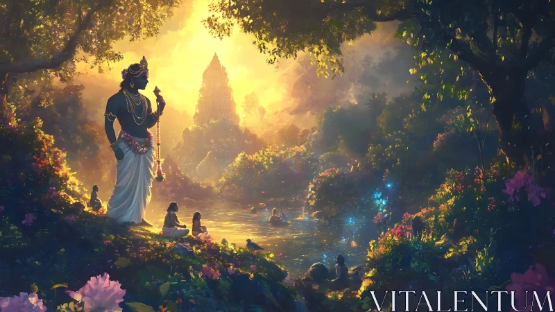 Silhouetted robed figure by river in dense illuminated forest.