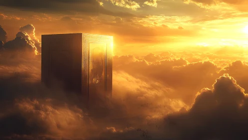 Golden monolith rising through radiant sunset clouds.
