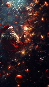 Santa decorating illuminated forest tree in dramatic contrast