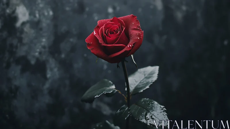Single red rose with water droplets stands against dark background