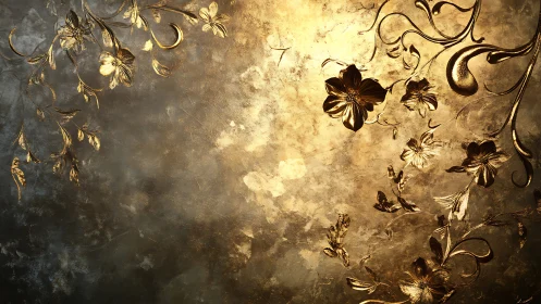 Metallic floral relief on chiaroscuro gold alloy surface.