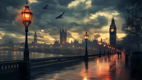 Digital painting of moody Westminster promenade at dusk.