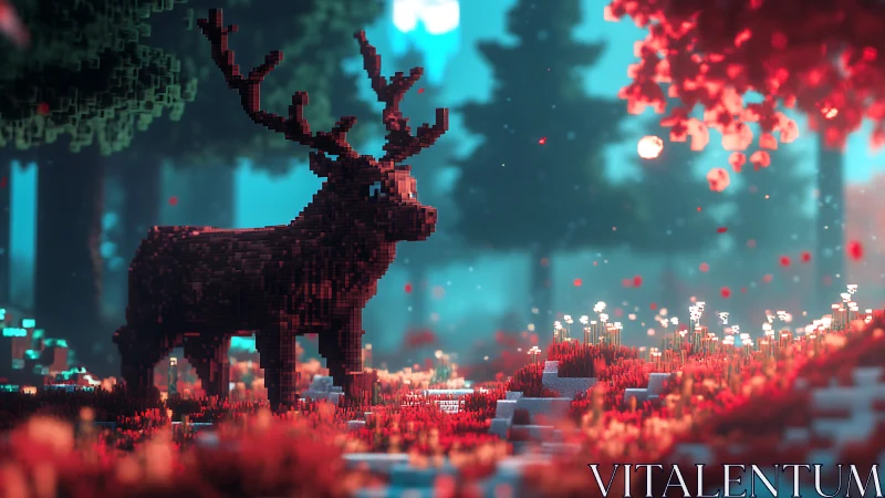 Voxel stag stands in volumetric-lit forest with saturated bokeh