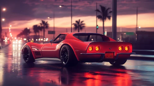 Red classic sports car glows on wet city boulevard at dusk