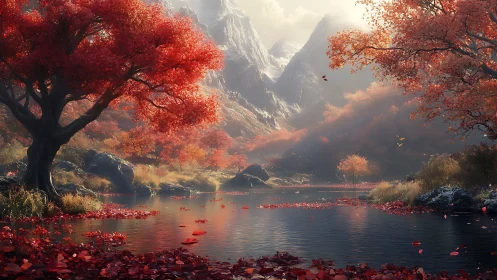Autumnal alpine lake scene renders atmospheric depth and light