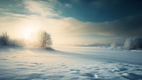 Winter sunrise over snowfield and frosted trees landscape.